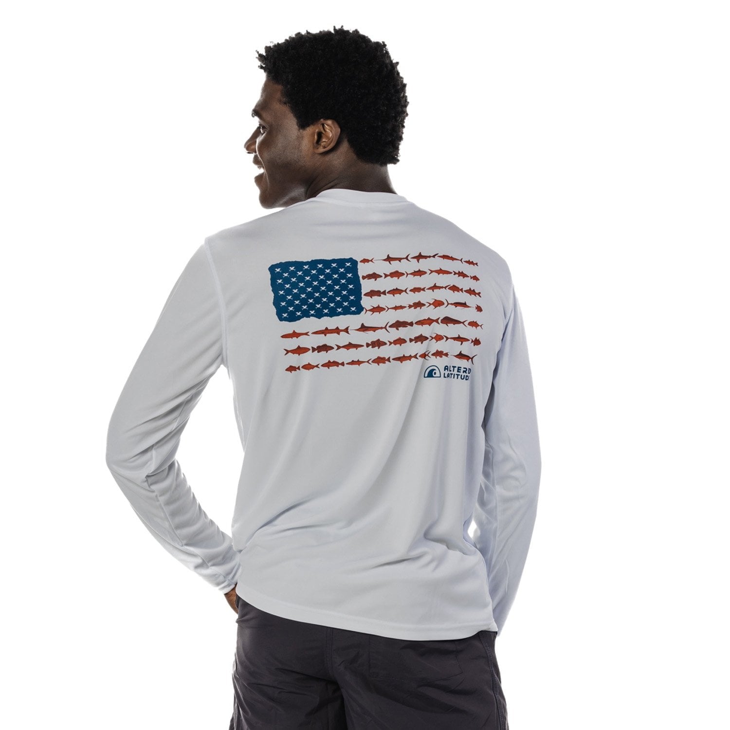 $18.99 White long sleeve with colored flag UPF 40 performance fishing shirt